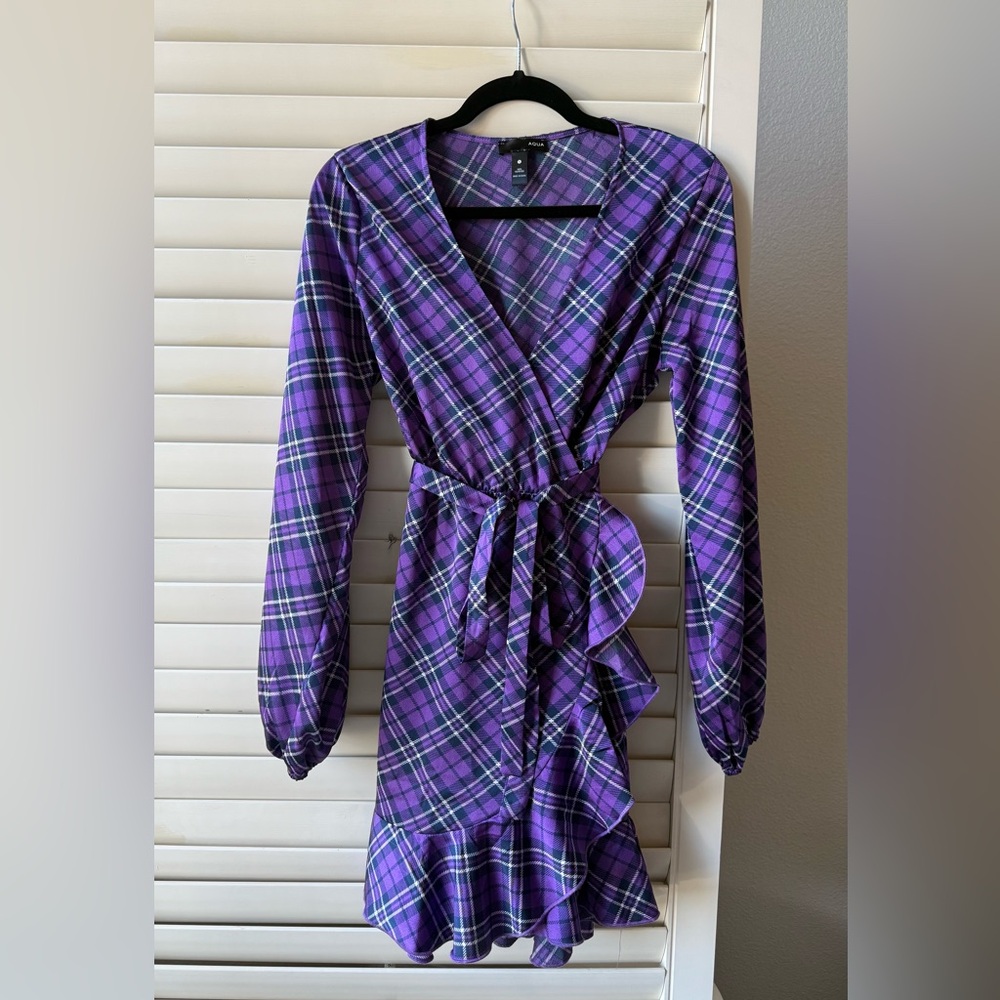 Aqua Purple Plaid Long Sleeve Dress